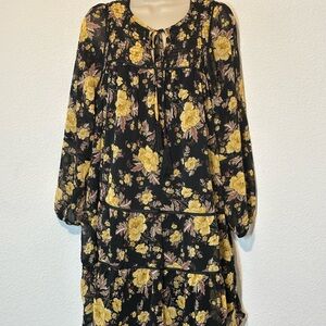 New Laurel Grey 8 Floral Black and Yellow Balloon‎ Sleeve Dress Boho Cottagecore